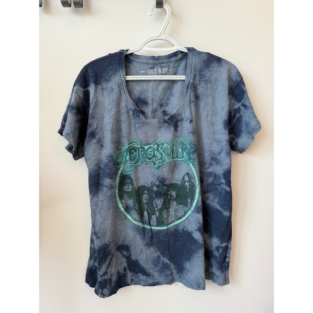 Knit Riot Aerosmith Tie Dye Graphic Tee Blue Grey Scoop Neck Rock Band Shirt S